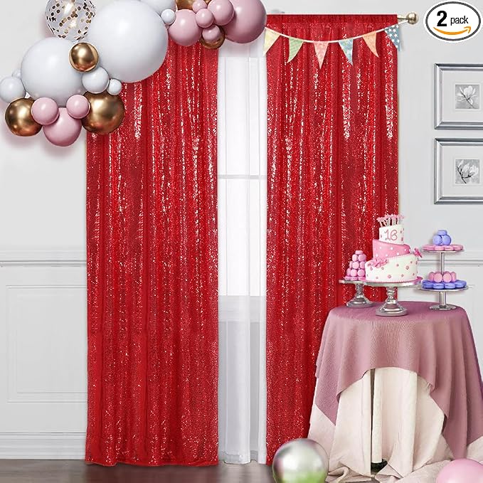SquarePie 2 PCS 2x8ft Red Sequin Backdrop Curtains, Satin-Backed Shimmering Photo Booth Background, 2 Panels Narrow Real Sequin Drapes with 4" Rod Pocket for Party, Baby Shower, Doorway Decor