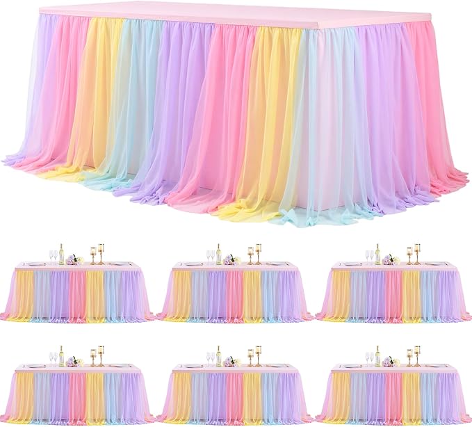 6 Pack 6ft Rainbow Tulle Tablecloths for Rectangle Tables, 6 Foot Rainbow Rectangular Table Cloth Wrinkle Free Tablecover with Tutu Skirt for Baby Shower Girls Birthday Party Banquet Buffet Cake