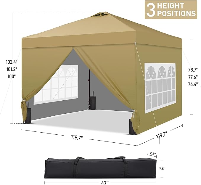 GDY 10'x10' Pop Up Canopy Tent, Portable Gazebo, Easy Up Outdoor Canopy for Events, Parties, Camping, Brown.