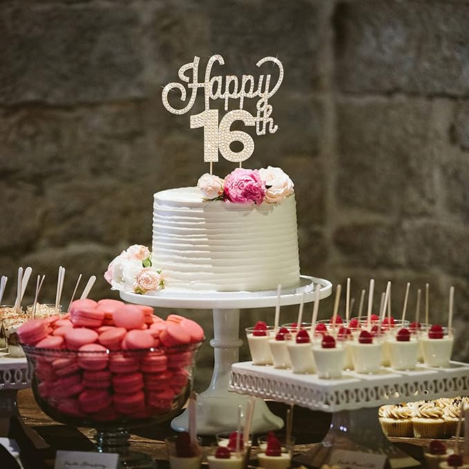 LINGTEER Happy 16th Birthday Gold Rhinestone Cake Topper - Cheers to 16th Birthday Sixteen Years Old Party Cake Centerpieces Topper Decorations Gift Sign.
