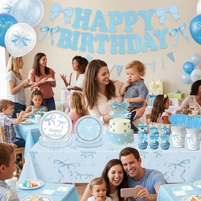 186pcs Blue Birthday Party Supplies – Bow Knot Theme Disposable Tableware Kit with Happy Birthday Banner, Balloons, Plates, Cups, Utensils & Napkins for Girls Boys Party Decorations, Serve 20
