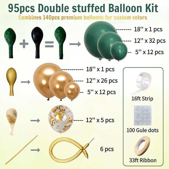 Double Stuffed Dark Green and Gold Balloon Garland Arch Kit - Emerald Green Metallic Gold Confetti Balloons for Graduation Decorations 2026, Jungle Safari Birthday, Wedding, Baby Shower Party Supplies