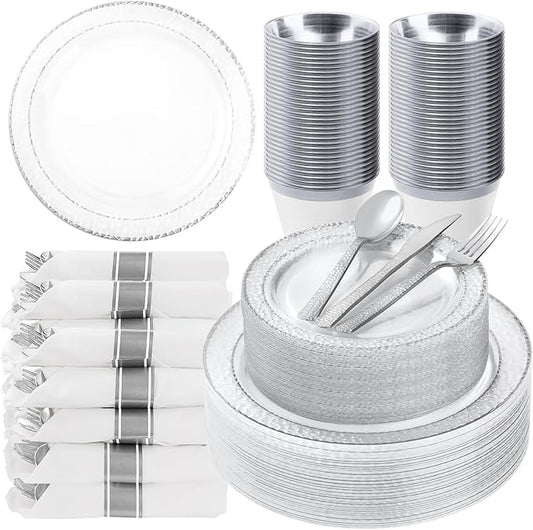 Bestluck 350PCS Clear Plastic Plates with Silver Trim for 50 Guests, Disposable Dinnerware Set for Party & Wedding, Includes 100 Plastic Plates, 50 Pre Rolled Napkins with Silver Silverware, 50 Cups