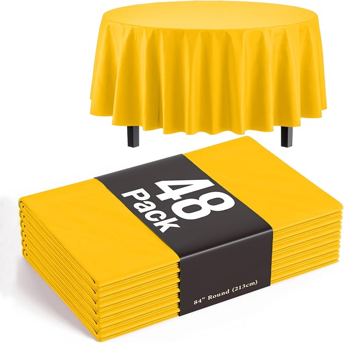 Exquisite Yellow Round Tablecloths Plastic Table Cloth Disposable 48 Pack 84" Inch Round Table Cloth Disposable Yellow Tablecloths Plastic Tablecloth Indoor/Outdoor Tablecloth Party Supplies