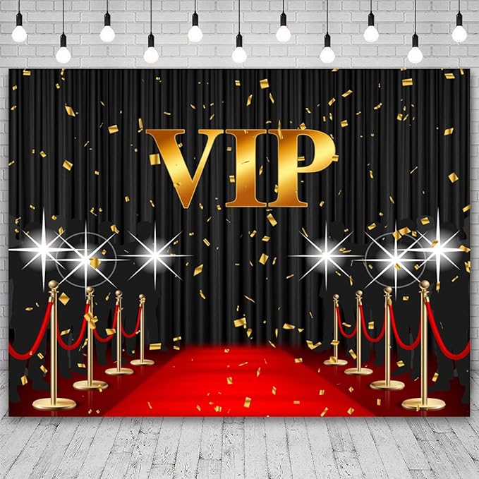 15x8ft VIP Backdrop Red Carpet Event Photography Background Black Curtain Star Catwalks Stage Film Movie Music Night Gold Banner Decorations Celebrity Activity Portrait Photo Booth Prop