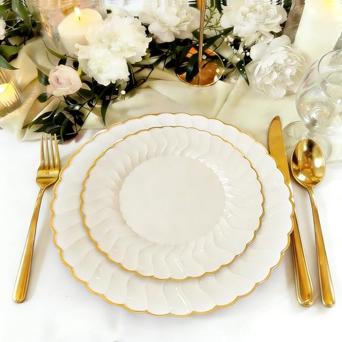 Ivory Disposable Plastic Plates 125pcs Scalloped Gold Rim for 25 Guests | Includes 25 Dinner and Dessert Plates 75 Gold Cutlery Elegant Tableware for Wedding Birthday Baby Shower Valentine Parties