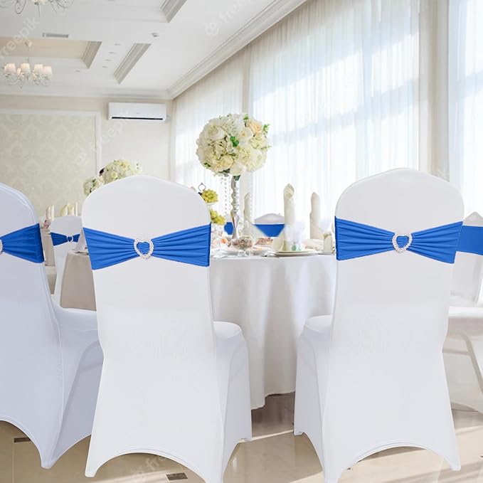 Howhic Pack of 120 Spandex Chair Sashes Bows Stretch Chair Cover Band with Buckle Slider Universal Elastic Chair Ties for Wedding Banquet Party Event Decoration (Royal Blue)