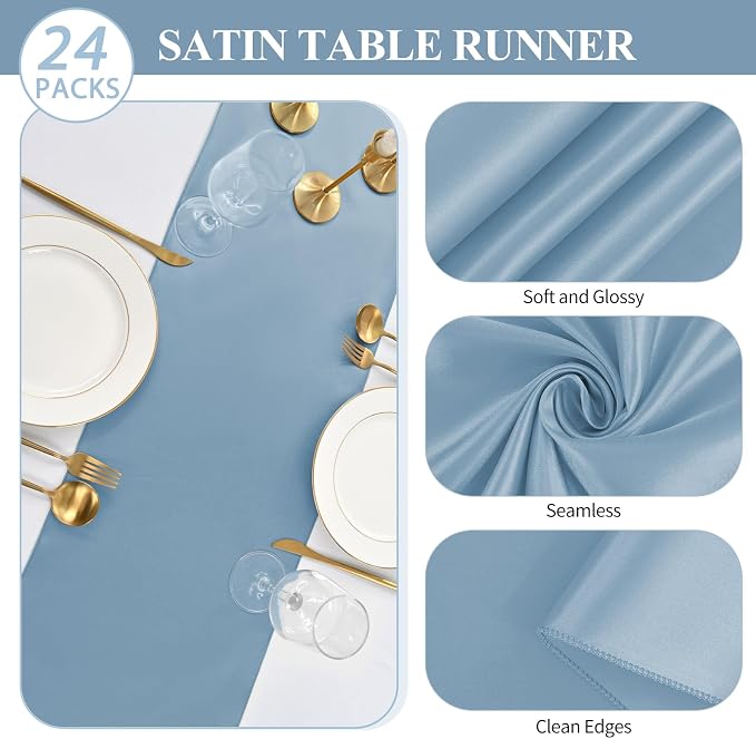 24 Pack Dusty Blue Satin Table Runners 12 x 108 Inch Long Table Runners for Rectangle Round Tables, Smooth Satin Table Runner for Wedding,Birthday Party Banquets Graduation Engagements Decoration