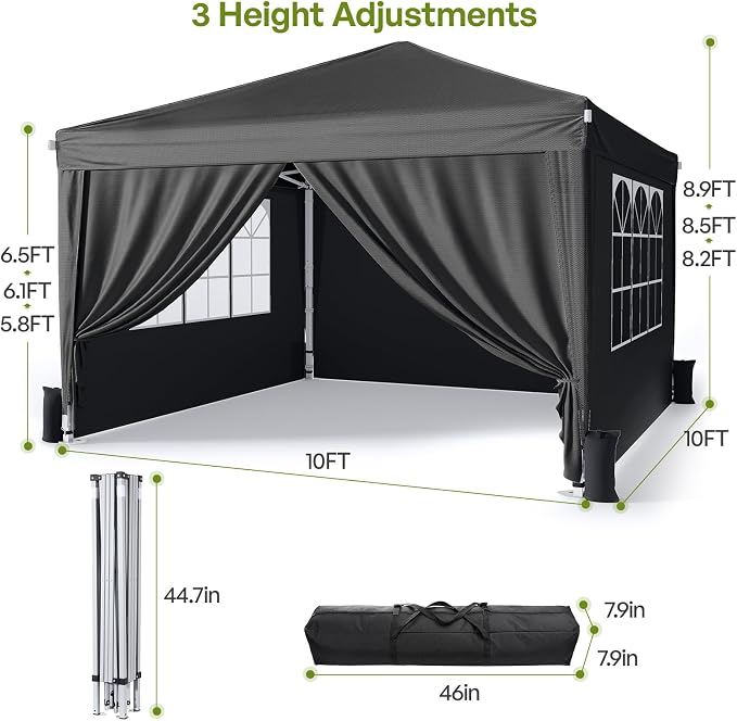 10x10 Pop Up Canopy with Sidewalls, Instant Portable Canopy Tent with Carry Bag for Commercial Events, Camping, Parties - Black