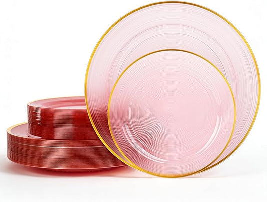 120PCS Pink Plastic Plates with Gold Rim, Heavy Duty Disposable Plate, Fancy and Elegant Circular Ribbed 60 Dinner and Dessert Plates for Mother's Day, Party, Weddings