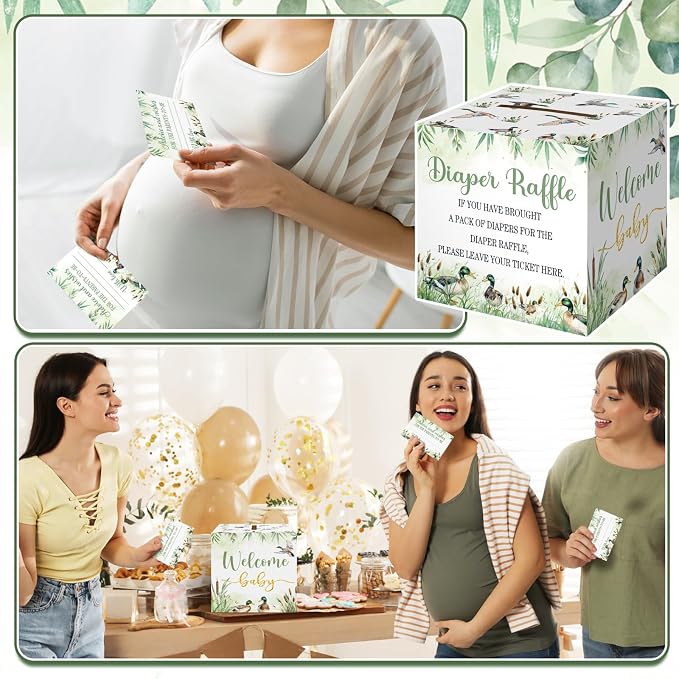 Teling 51 Pieces Diaper Raffle Tickets with Card Box Baby Shower Decorations Baby Shower Holder Box for Girl Boy Diaper Raffle Party(Mallard Duck)
