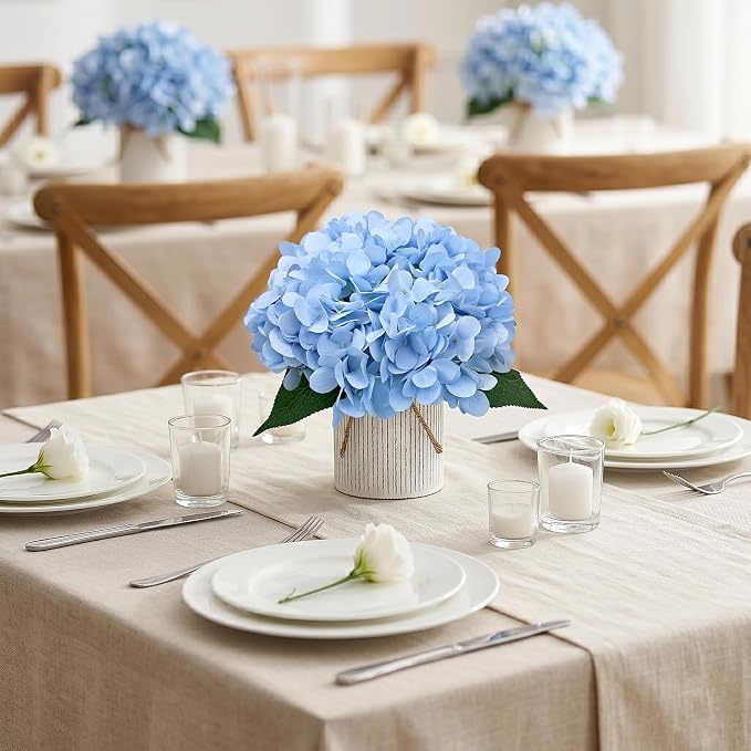 Set of 6 Faux Flower Table Centerpieces - Light Blue Artificial Hydrangeas Floral Arrangement with Rustic Metal Vase for Anniversary Wedding Tea Party Event Decorations