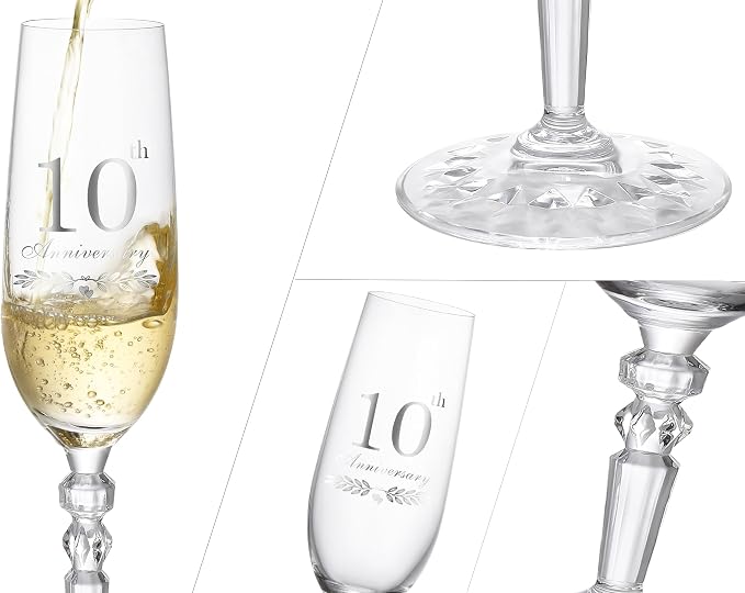 10th Anniversary Decorations Gifts for Couple, Classical Style 10th Wedding Anniversary Champagne Flutes Glasses, Crystal Champagne Glasses Set of 2, Gifts for husband, wife, Couple