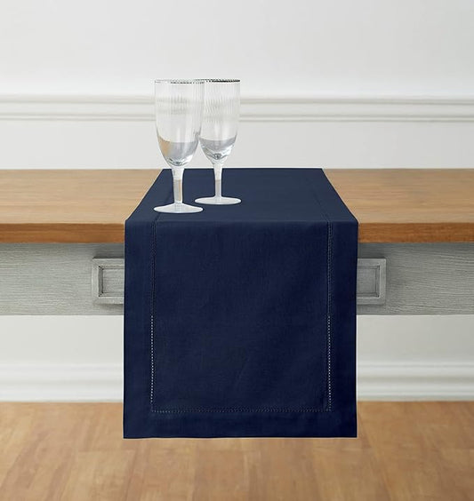 Solino Home Navy Blue Table Runner 108 Inches Long - Cotton Linen Hemstitch 14 x 108 Inch Table Runner for Dining, Spring, Summer, Mothers Day, Memorial Day