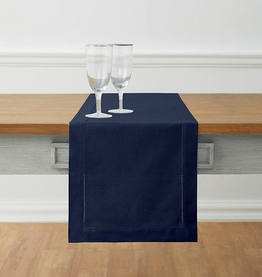 Solino Home Navy Blue Table Runner 156 Inches Long - Cotton Linen Hemstitch Extra Long Table Runner 14 x 156 Inch for Spring, Summer, Mothers Day, Memorial Day