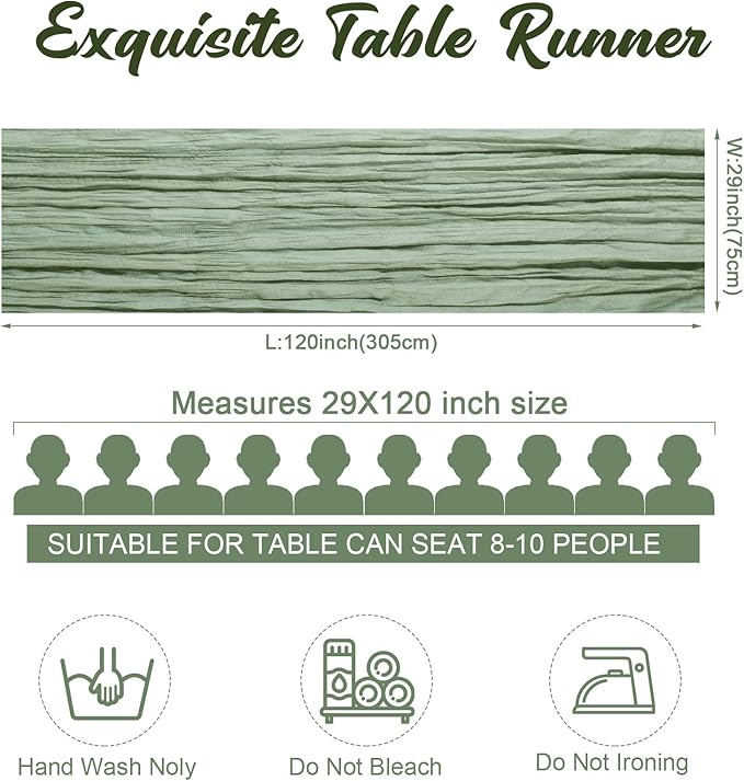 Foaincore 12 Pack Green Table Runner 10Ft Boho Gauze Cheesecloth Table Runner 120" Long Cheese Cloth Romantic for Wedding Bridal Baby Shower Arbor Decor