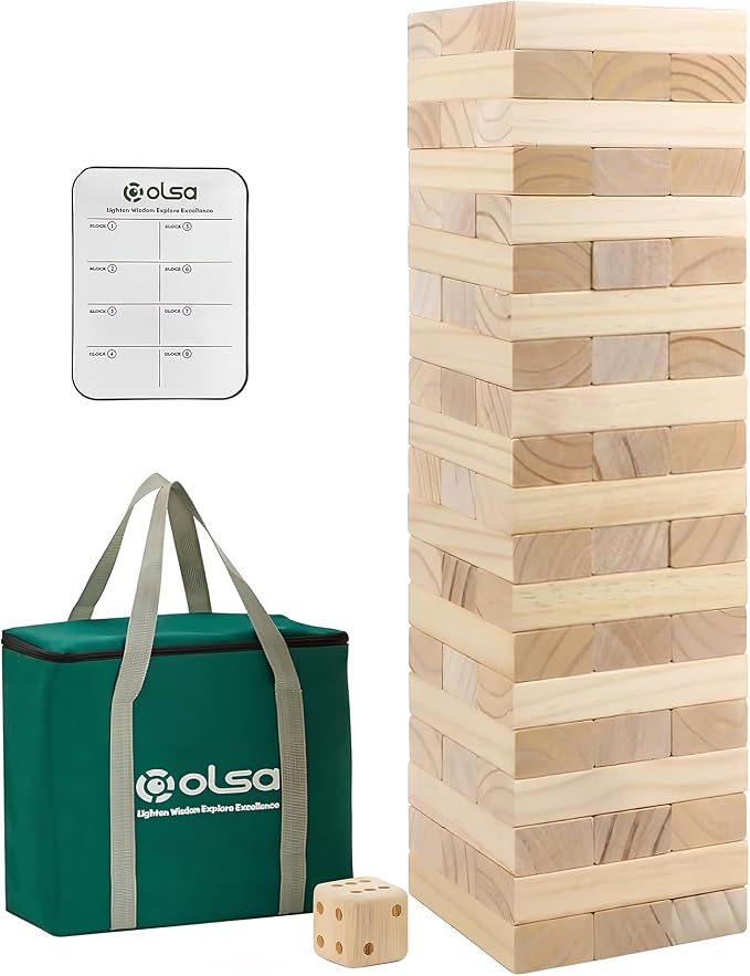 Olsa Giant Tumble Tower, Toppling Timber Game with Carrying Bag-60 PCS Wooden Block Stacking Game for Adults Family (2.2 Ft to 5 Ft)