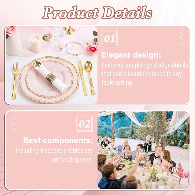 Hioasis 175pcs Pink and Gold Plastic Plates - Pink Plastic Dinnerware Set Includes 25 Dinner Plates, 25 Dessert Dinnerware, 25 Cups, 25 Napkins Perfect for Wedding & Easter & Mother’s Day