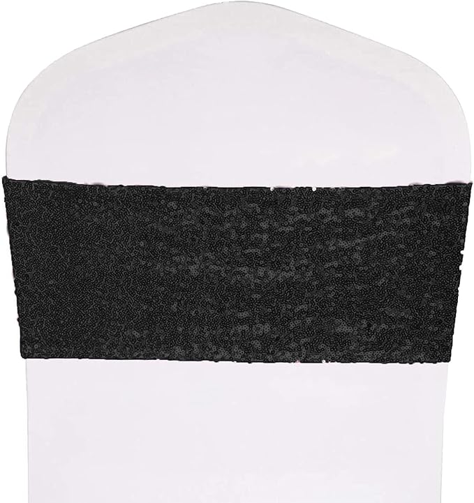 Pack of 50 Stretch Sequin Chair Sashes Chair Bands One-Sided Sequins Decor for Hotel Wedding Reception Events Party Chair Cover Decoration (Black)