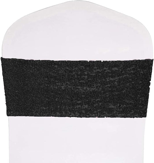 Pack of 10 Stretch Sequin Chair Sashes Chair Bands One-Sided Sequins Decor for Hotel Wedding Reception Events Party Chair Cover Decoration (Black)