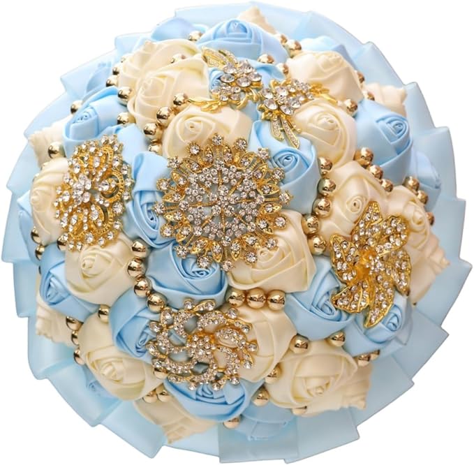 Light Blue Bridal Wedding Bouquet with Gold Brooch Bling Rhinestone Pearl Satin Rose Flower Brooch Bouquet for Bride Bridesmaid Quinceanera Wedding Light Blue and Ivory 9.5in