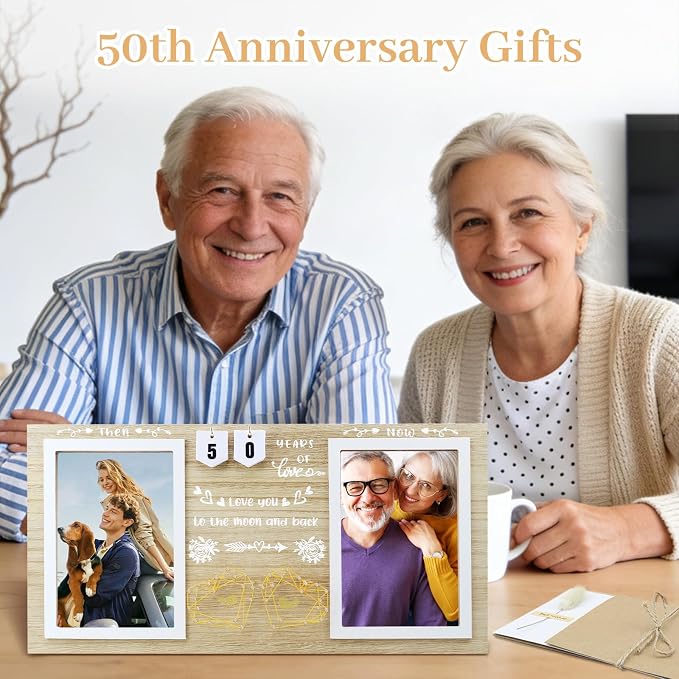 Then & Now Anniversary Picture Frame – Anniversary Wedding Gift for Couple & Parents, 1–99 Years Double 4x6 Picture Frame with Number Cards & Greeting Card (Natural Wood Color)