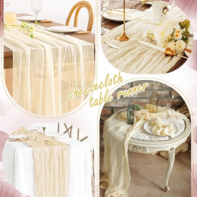 8 Pack Ivory Cheesecloth Table Runner 10FT Long Boho Gauze Fabric Table Runner Vintage Rustic Sheer Runners for Wedding Party Bridal Baby Shower Table Decorations