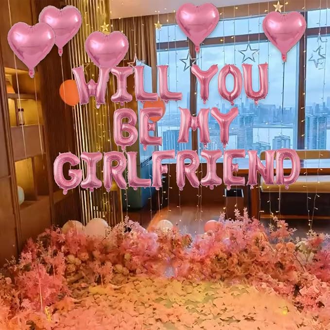 2 Set Pink Will You Be My Girlfriend Balloons - 42pcs 16" Letter Balloons 1200pcs Pink Artificial Rose Petals 10pcs 18" Heart Balloon Alphabet Foil Mylar Balloon for Valentines Day Decorations