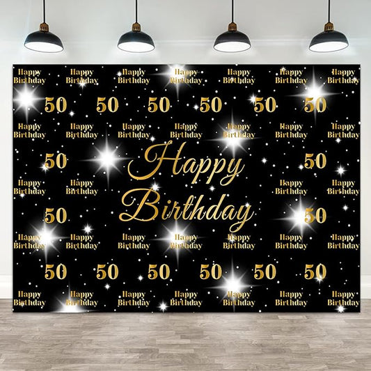 5x3ft Happy 50th Birthday Backdrop Gold Glitter Dots Theme Photography Background Men Women 50 Years Old Birthdays Party Black Banner Decorations Anniversary Parties Photo Booth Prop