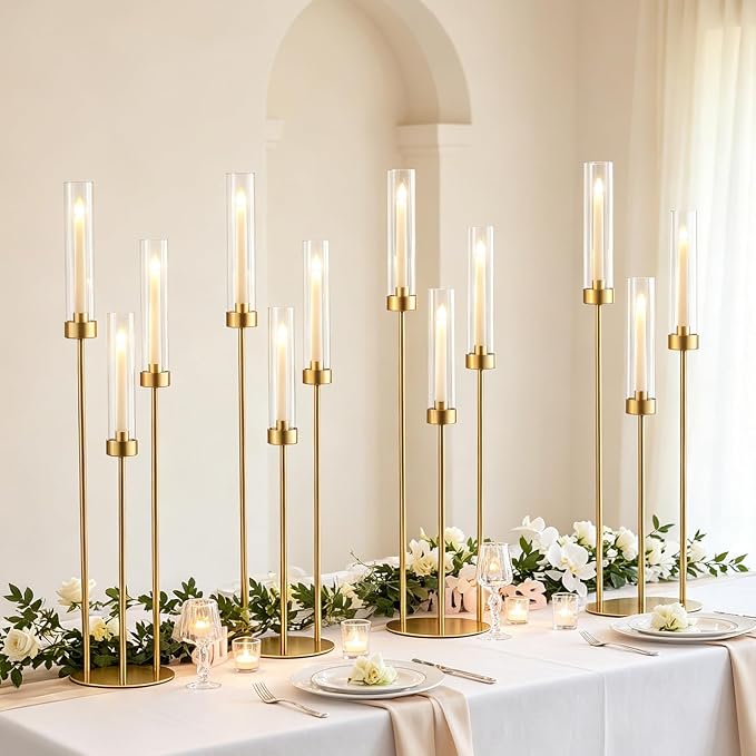 4pcs Gold Candelabra Centerpieces for Wedding Tables, 33.8'' Tall 3 Arm Candle Holder with Acrylic Lampshade for Wedding, Party, Events, Christmas & Halloween Home Decor, Fit LED Taper Candles