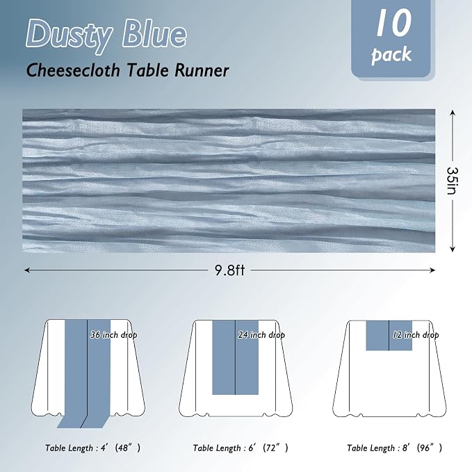 Dusty Blue Cheesecloth Table Runner 120 Inch 10FT Cheese Cloth Runners 1 Pack for Baby Shower, Coastal Style, Retro Decoration, Farmhouse