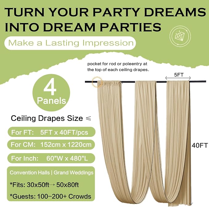 20ftx40ft Champagne Khaki Ceiling Curtain for Wedding Parties – 4 Panels Wrinkle-Free 40 FT Long Tent Draping Curtains for Wedding, Birthday & Theme Parties, 40ft Height with Rod Pocket