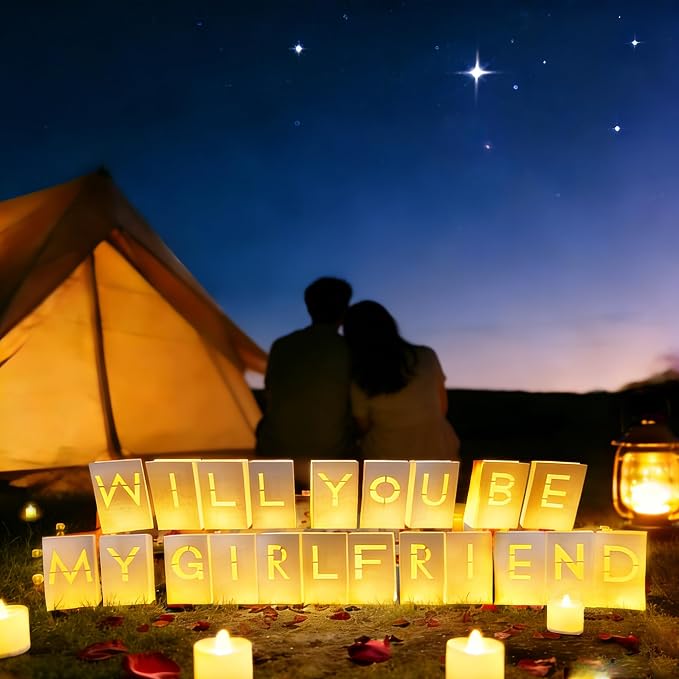 Will You Be My Girlfriend Light Up Letters Proposal Decorations with Luminary Paper Bags,Led Tea Candles,Red Rose Petals for Romantic Night,Valentines Day,Engagement Party,Proposals