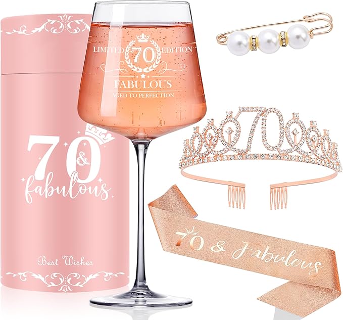 70TH Birthday Gifts for Women,Vintage Engraved 70th Wine Glass,70 Year Old Birthday Decorations For Her,70&Fabulous Sash and Tiara For Women,Friends,Sister-Turning 70th Party Favor Supplies