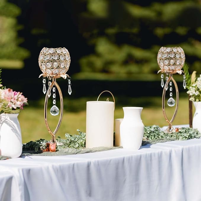 2 Pcs Elegant Metal Crystal Tea Light Candle Holders with Crystal Pendants, Hollow Design - Wedding Table Centerpieces for Anniversary Birthday Party, Home Decor (12, Gold)