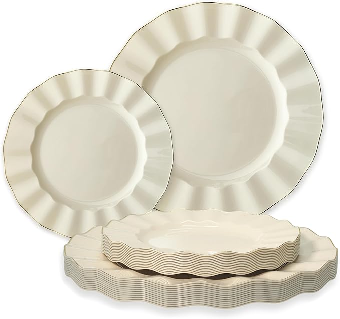 " OCCASIONS " 60 Plates Pack (30 Guests)-Heavyweight Wedding Party Disposable Plastic Plate Set -30 x 10.25'' Dinner + 30 x 7.5'' Salad/dessert plates (Bloom Ivory & Gold)