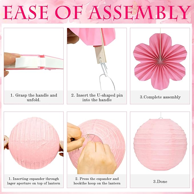 20 Pack Pink Paper Fans Hanging Ornaments,Paper Flowers Decorations For Wall Kit With 9Paper Lanterns 9Fan Flower& 2Party Tablecloths For Graduation Ceremony Wedding Party Decorations