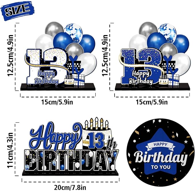 LINGTEER Happy 13th Birthday Blue Acrylic Table Topper Centerpieces Set - Cheers to Thirteen Years Old Birthday 13th Bday Party Gift Decorations.