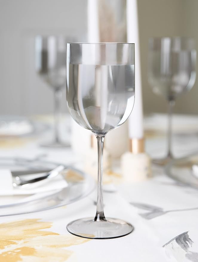 Smokey Grey Plastic Wine Glasses Set of 25 Elegant Wine Goblets Hard Plastic Wine Cups on Stem 12 Ounce