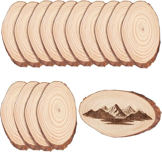 SINJEUN 15 Pack 8 Inch Unfinished Oval Wood Slices for Centerpieces, 4-4.7" Wood Circles with Bark for Rustic Wedding Decorations DIY Craft