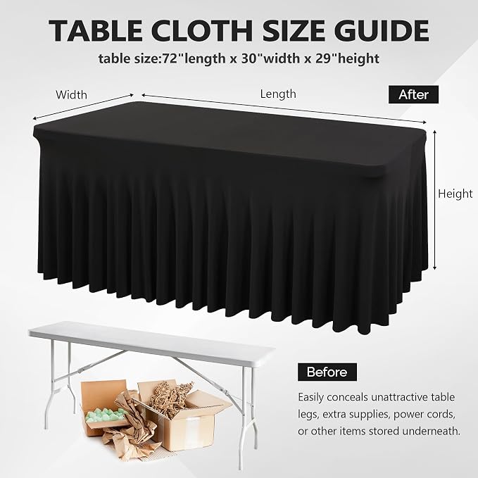 Wish Care 12 Pack Black Spandex Table Clothes for 6 Foot Rectangle Tables, 6FT Wrinkle Free Fitted Tablecloths Ruffles Design Table Cloth for Party, Banquet, Wedding and Events