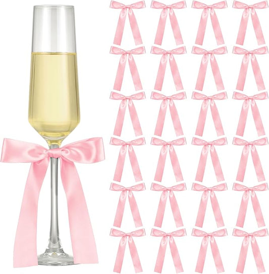 Jingmore 24 Pack Bows for Champagne Glasses Candle Holder 6.7 x 4 Inch Bow Drink Tags Wine Glass Candlestick Ribbon Self Adhesive Name Marker for Wedding Anniversary Party Gift Decor(Pink)