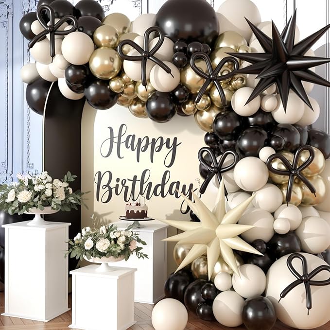 Black and White Balloon Arch Kit, Black Sand White Bow Balloons Graland Kit with Metalic Gold Star Balloons for Wedding Baby Shower Gender Reveal Graduation Birthday Decorations