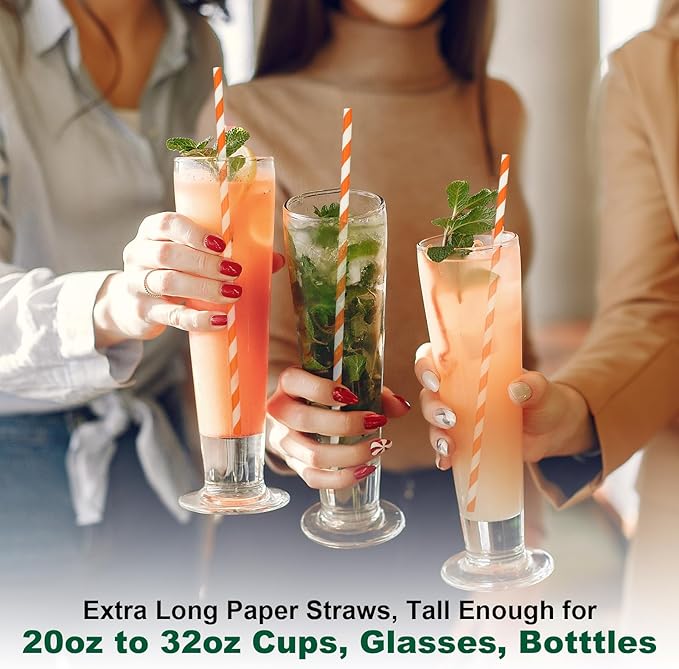 Orange Striped Paper Drinking Straws, 10.25 Inch Long, 100 Counts - for Tall Drinks, Halloween Party - Eco Friendly
