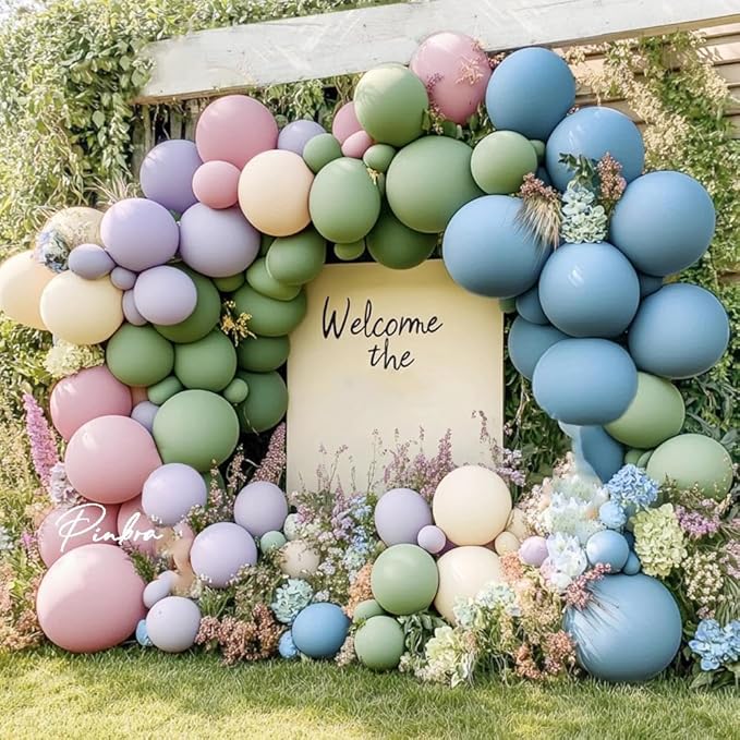 Blue Green Pink Balloon Garland Double Stuffed Sage Green Dusty Blue Pink Purple Lavender Balloons Pastel Balloon Arch Kit for Birthday Baby Shower Gender Reveal Flower Tea Party Decorations