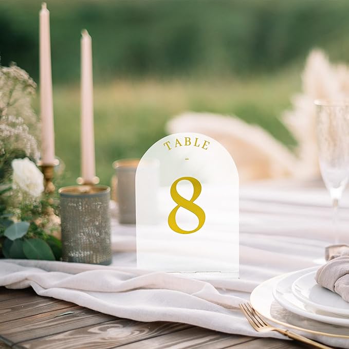 Teruntrue Frosted Arch Wedding Table Numbers 1-20 with Stands, Gold Foil Printed 5x7 Acrylic Table Signs for Reception, Anniversary, Event - Elegant Centerpiece Displays