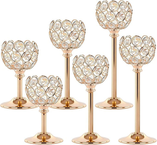Gold Crystal Candle Holders Candlestick Holders - 2 Sets Tall Bling Bowl Candelabra Centerpieces for Dining Table, Wedding, Party & Fireplace Mantel Decor,6Pcs