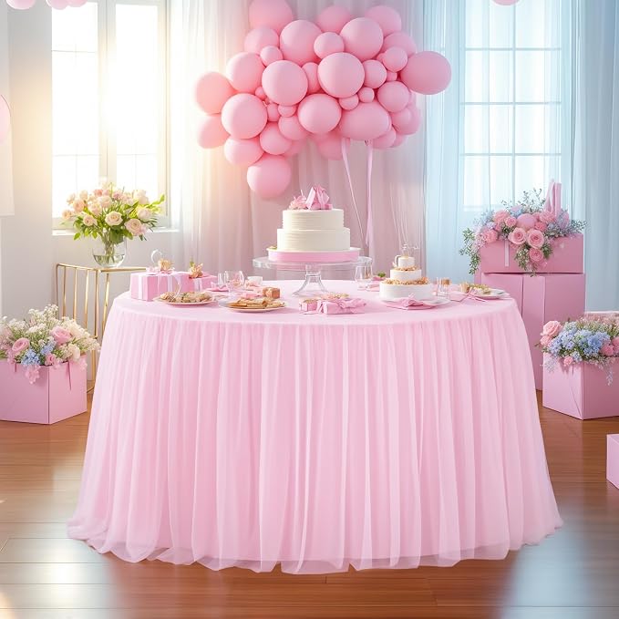 HB HBB MAGIC Light Pink Round Tablecloth 60 inch Stretchy Elastic Fitted Round Table Cloth Cover, Pink Table Cloths for Parties Tulle Table Cloth with Skirt Wedding Bridal Shower Tables Decoration