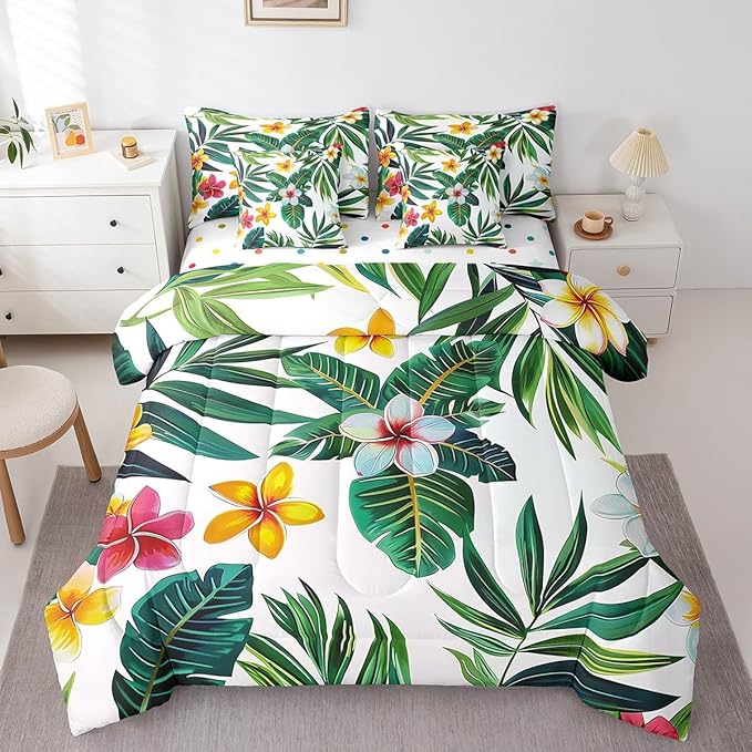 jejeloiu Palm Leaf Comforter Set with Sheets Twin Size 7 Pieces Kids Tropical Leaves Pattern Bedding Set for Boys Girls Summer Tree Branches Nature Theme Flowers Bed in a Bag Room Decor