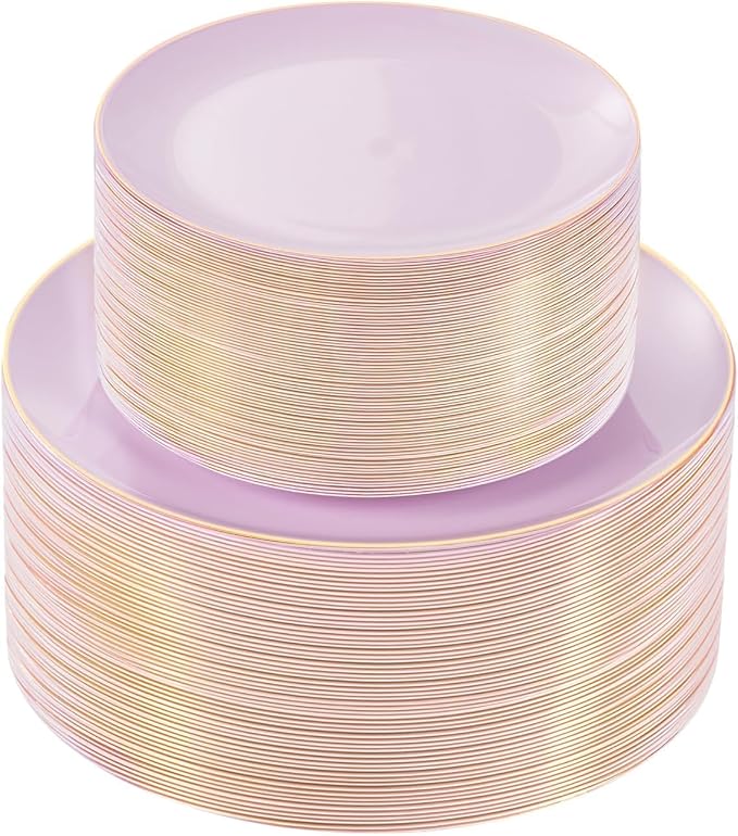 bUCLA 100PCS Purple Plastic Plates - Purple Lavender Disposable with Gold Rim - Include 50 Pieces 10inch Dinner & 50 Pieces 7inch Dessert Plates, Ideal for Party, Birthday & Spring